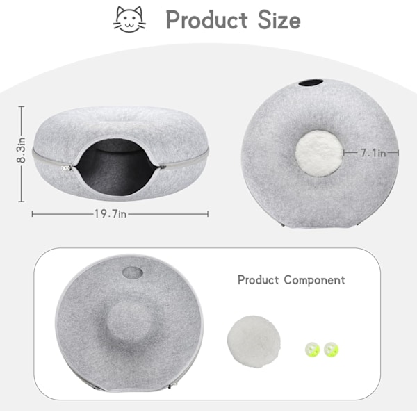 20x20x8 tommers liten kattetunnel seng komfortabel vaskbar avtakbar donutformet kjæledyrseng Grey, light
