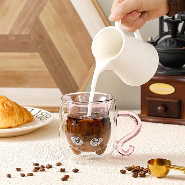 Bjørnekop Søde krus til kvinder Glas Dobbeltvægget isolerede glas Espresso kop, Kaffe kop, Tekop, Mælkekop, Bedste gave Pink Cat