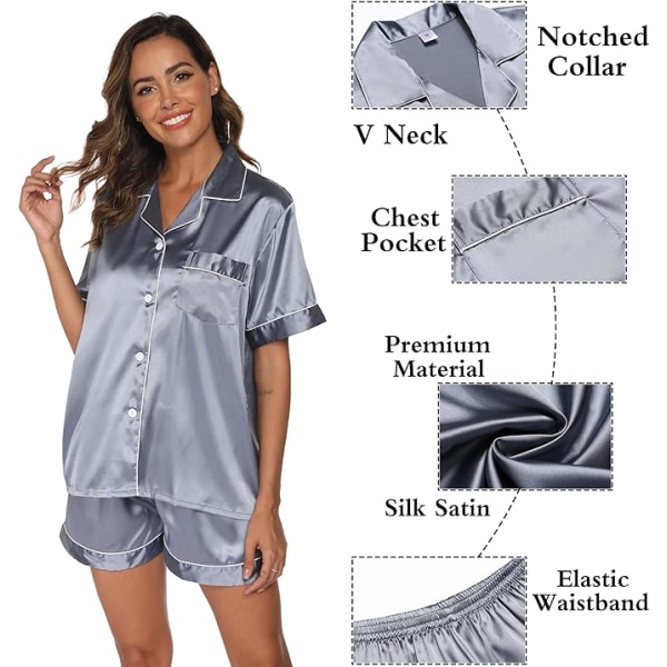 Kortærmet gråblå pyjamas i satin med knapper, L, todelt hjemmesæt