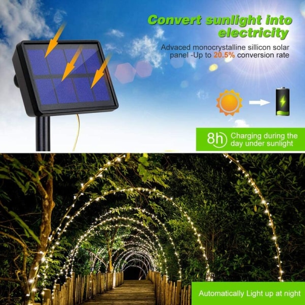 Utendørs solenergi kobbertråd lysstreng IP44 dekorative lys strenglys (varmt lys 200 lys 22 meter, 8 funksjoner) vit