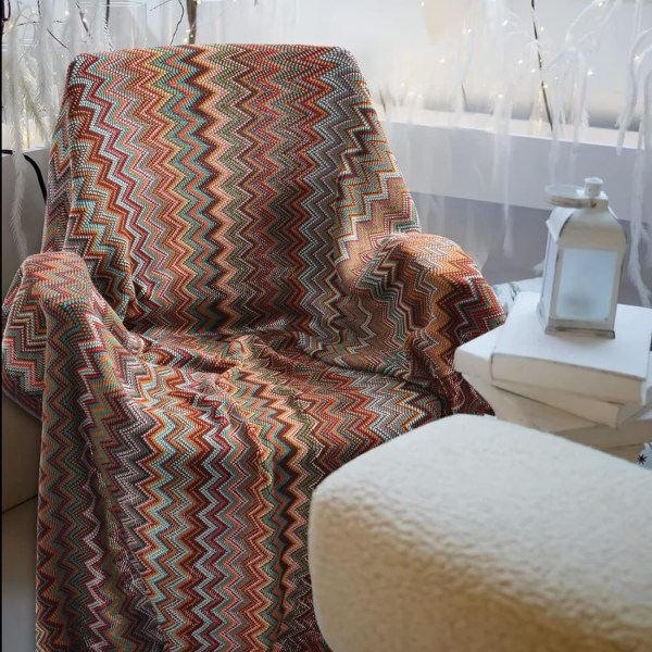 Nordisk stil bohemsk strikket teppe med dusker dekorative ac