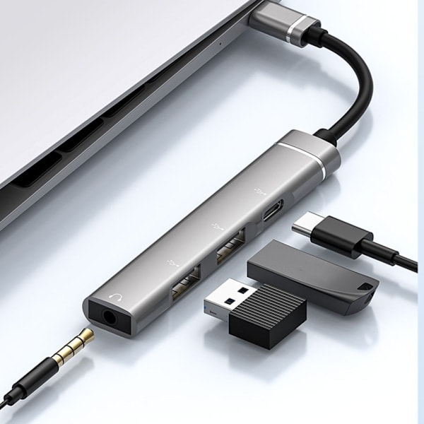Type-C -telakointiasema 3,5 mm:n liittimeen USB2.0 TypeC HUB 4-in-1 -jakaja USB C -sovitin UDisk-näppäimistölle Harmaa 0,03