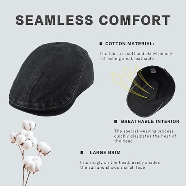 Herr Vintage Flat Cap Irländsk Newsboy Hatt Jakt Cabbie Hatt Justerbar Bomull Andningsbar Peaky Cap Basker Sommarhattar Black