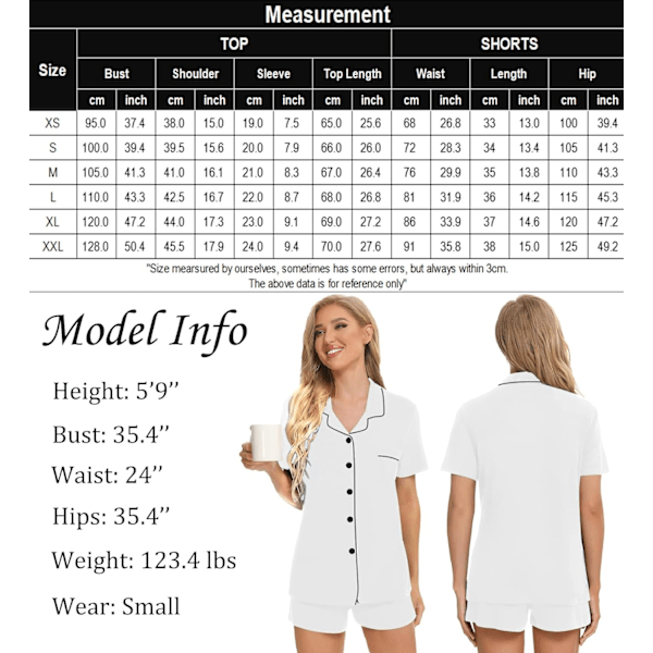 Kvinnors Pyjamas Set Kortärmad Nattkläder Dam Knäppning Nattkläder PJ Set med Ficka XL White