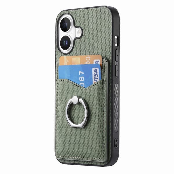 Etui til iPhone 16 med kortlommer, ringholder og støttefod