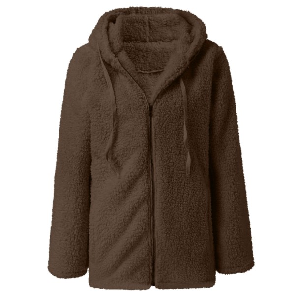 Plush Kavaj med Huva för Kvinnor, Fluffig Fleece-Hoodie, Varm Vinterjacka, Casual, Kaffe Färg, Storlek L Coffee L
