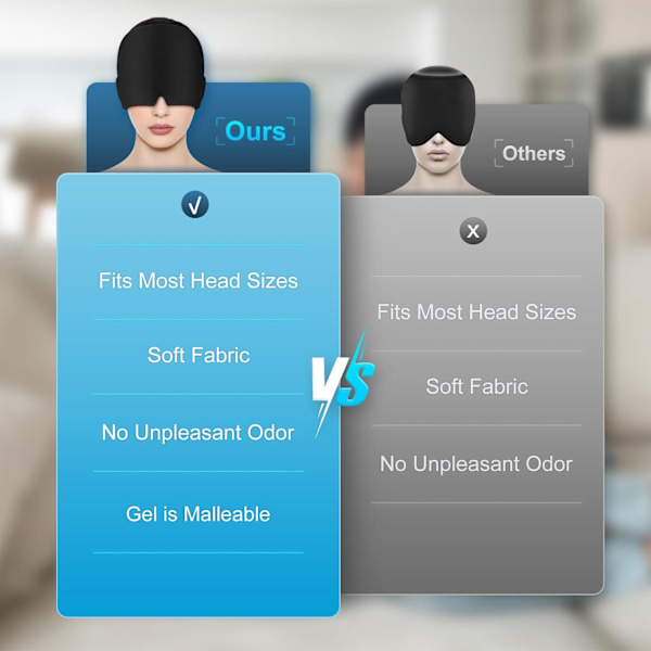 Migrene-lettende hetter, full gel-dekket gjenbrukbare hetter for hodepine, svarte migrene-hetter for hodepine, hovne øyne