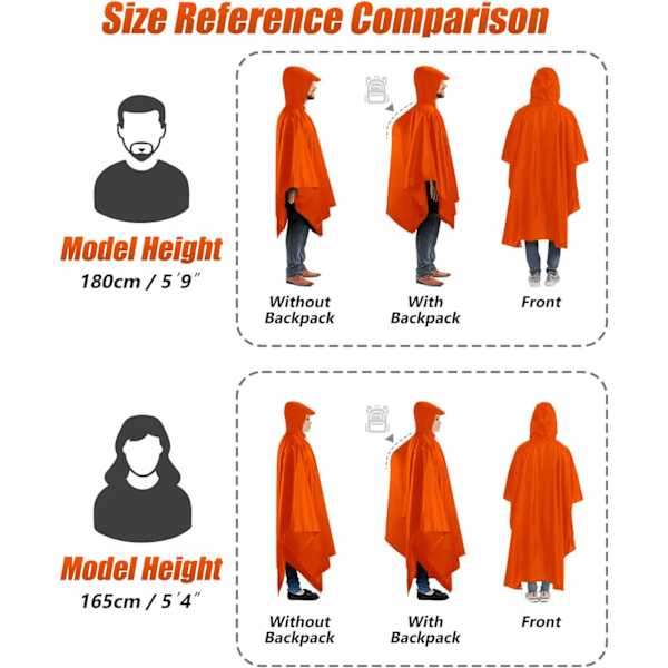 Återanvändbar Regnponcho Vuxen Vattentät Poncho Vattentät Vuxen Lätt Vattentät Regnrock för Utomhusvandring Camping Cykling Resor Orange