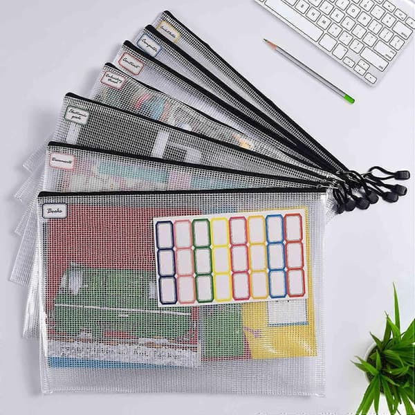 12 stk. A3 mappe, informationslynlåspose, plastikpung, mesh-filpose, lynlåspose, lynlåspung