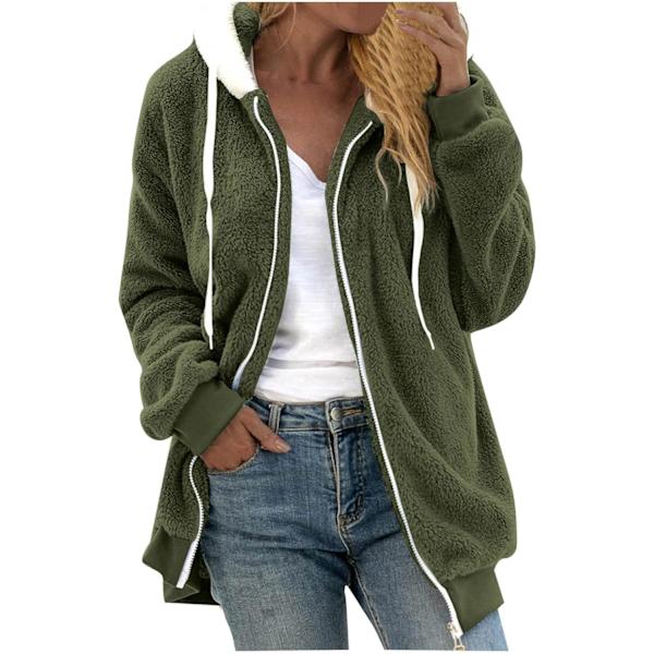Hættejakke til kvinder, Teddy Fleece-frakke, Overgangsjakke med hætte og lommer, lynlås, efterår, vinter, plysjakke, fleecejakke, vinter XXL C Green