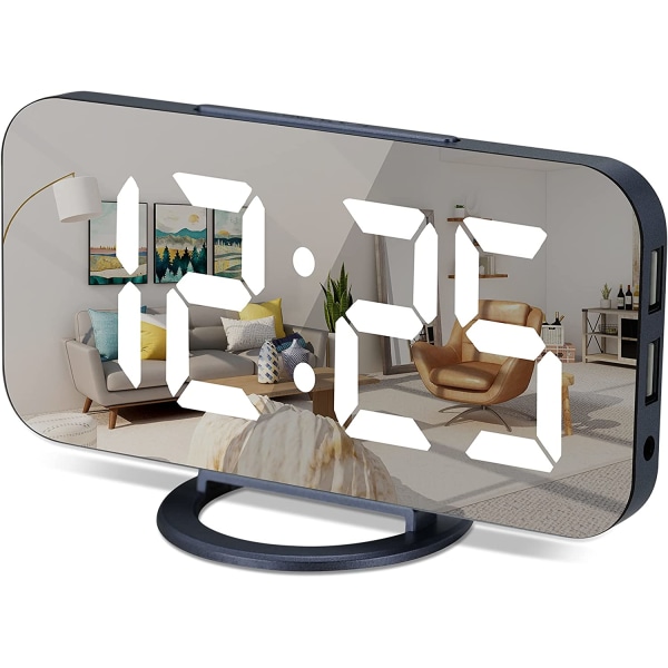 Digital vekkerklokke, stor speilvendt LED-skjerm, med 2 USB-ladeporter, automatisk dimmefunksjon, slumrefunksjon, 7 tommers Mo