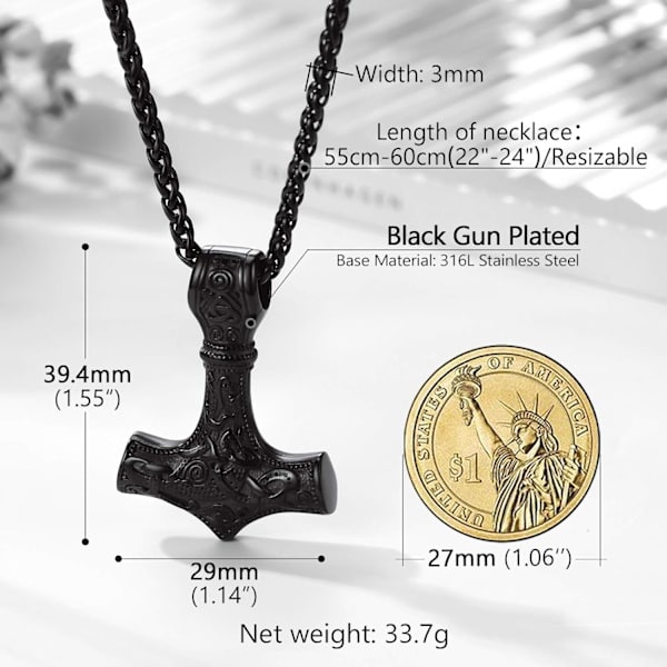 Thor Mjolnir Hammer Vedhæng Charm, Nordisk Viking Økse med Pigkæde, Rustfrit Stål 02. Negro