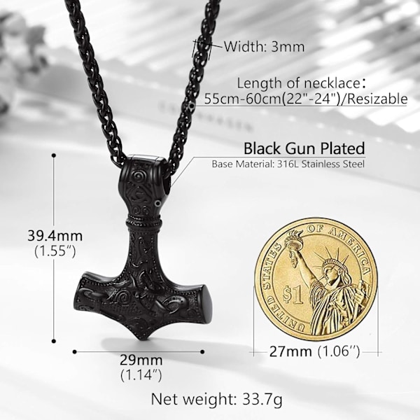Thorin Mjolnir-vasara riipusriipus, pohjoismainen viikinkikirves piikikettulla, ruostumaton teräs 02. Negro