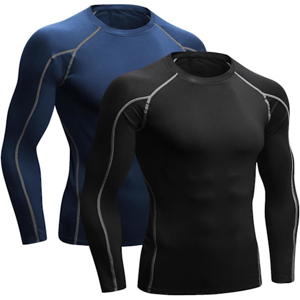 Pakke af Langærmede Løbetoppe til Mænd, Base Layer Kompressions Top T-Shirts, Hurtigtørrende Fugttransporterende Gym Atletisk Træning Workout Tee Shirts L Black+blue
