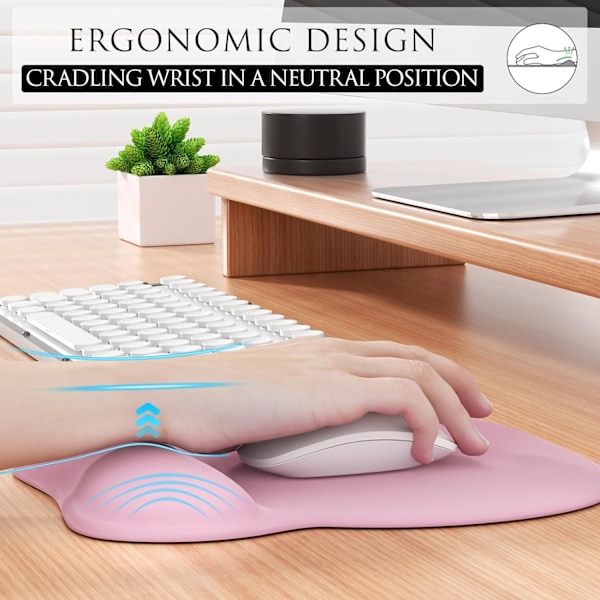 Ergonomisk musmatta med handledsstöd i minnesskum, bekväm datormusmatta för bärbar dator, smärtlindrande handledsstöd Pure Pink