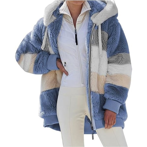 Blå XL størrelse Høst/vinter varm plysj patchwork glidelåslomme løs jakke med hette blue XL