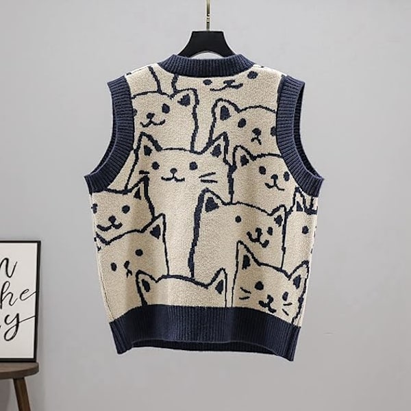 Dame Strikket Sweater Vest Ærmeløs Pullover Jumpers Kattemønster Sweatshirts til Vinter Efterår Forår Dark Blue