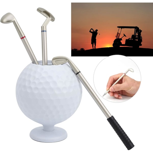 Golf Ballpoint Pen Holder, Mini Desktop Golf Ballpoint Pen Holder med 3 Golfklubber Penner Plast Golfer Souvenir Set Gave