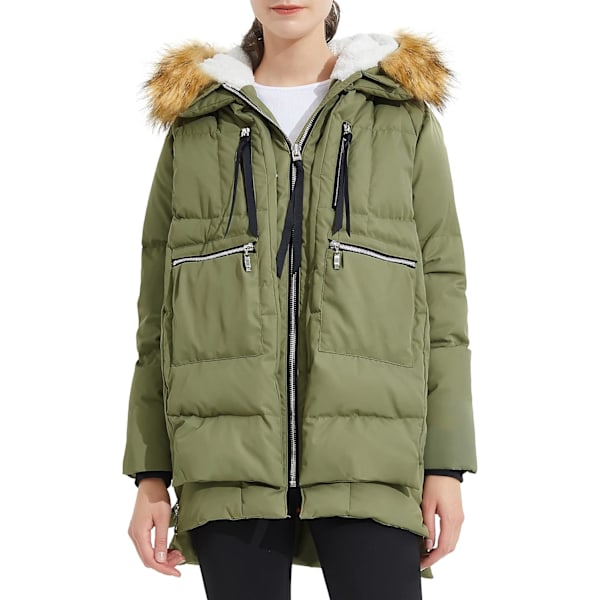 Kvinnors tjocka dunjacka Parka med huva Lång pufferjacka för vintern XS Green+Fur Trim