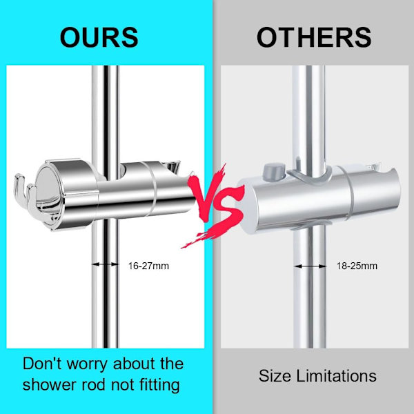 Hånddusjholder for 16-27 mm glidebane, justerbar erstatningsdusjholder, 360° rotasjon, med 2 kroker
