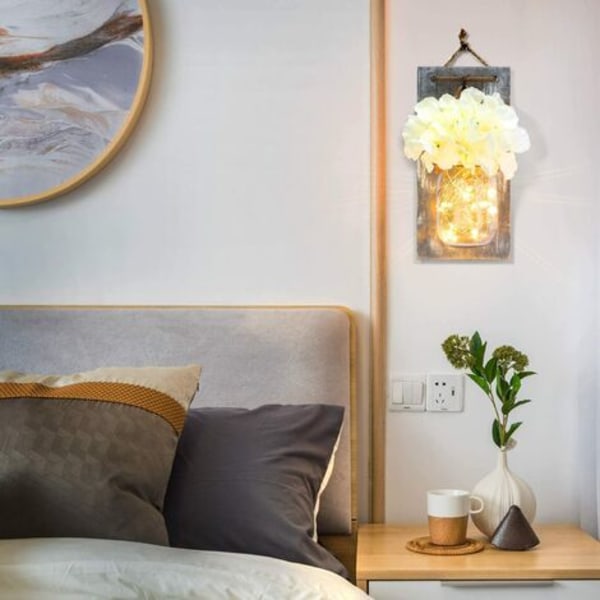 Mason Jar vägglampa med fjärrkontroll, rustik väggdekoration i sovrummet, batteridriven hängande vägglampa med LED-snöre