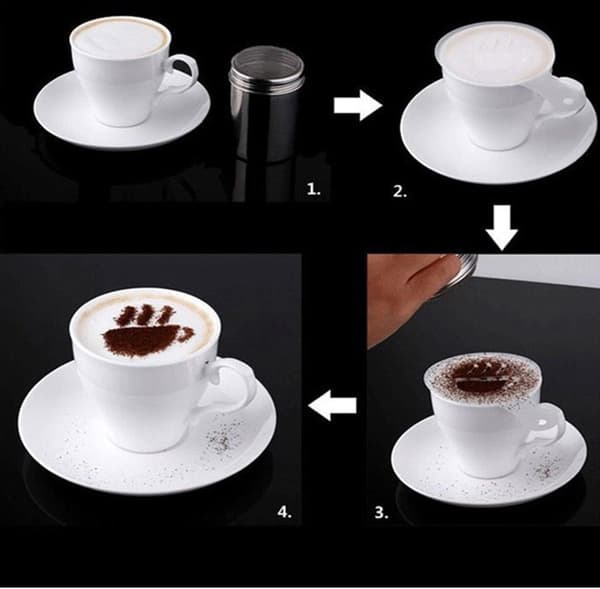 1 STK Pulverspreder i rustfrit stål, 16 STK Kaffe Latte Form Printmodel, 1 STK Plastik Kaffebønne Ske