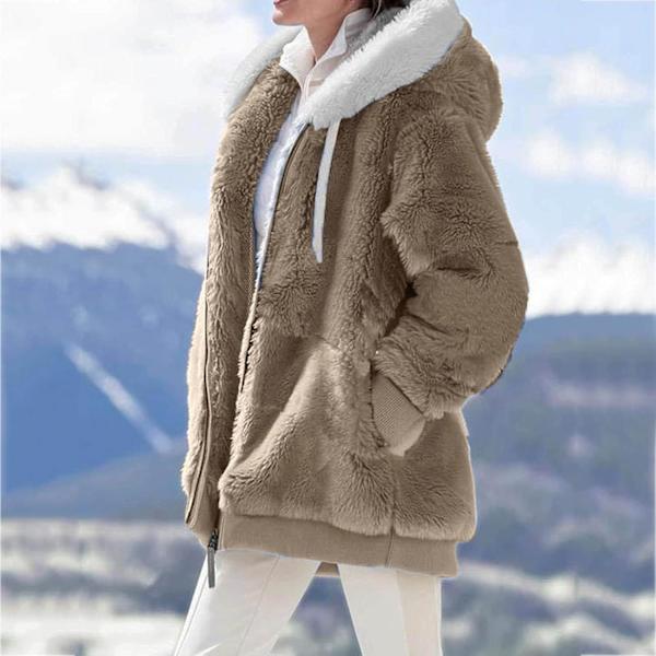 Hættejakke til kvinder, Teddy Fleece-frakke, Overgangsjakke med hætte og lommer, lynlås, efterår, vinter, plysjakke, fleecejakke, vinter M D Khaki