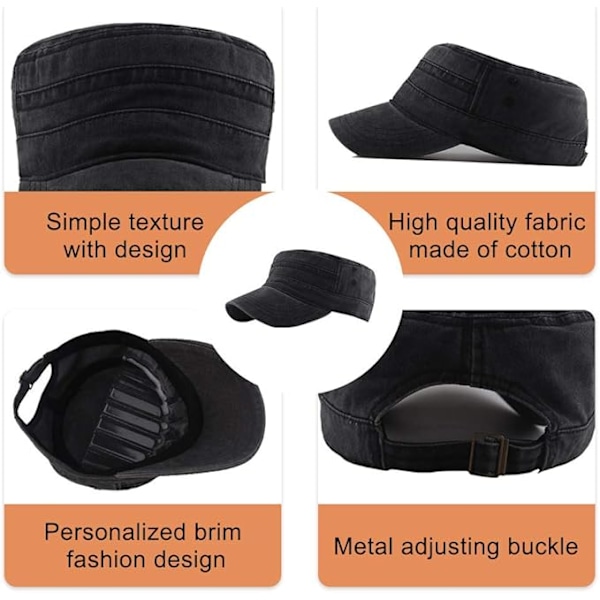 Militære caps for menn og kvinner klassiske justerbare slitte hatter unisex 100% bomull solid solid visir baseball caps sol fottur lue black