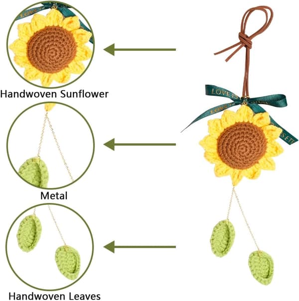 Hæklet solsikke til bakspejl, håndvævet blomst til bakspejl.