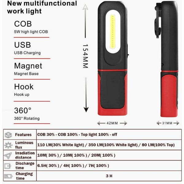 COB Bright Bärbar justerbar ficklampa med magnetisk bas och krok för bilverkstadscamping