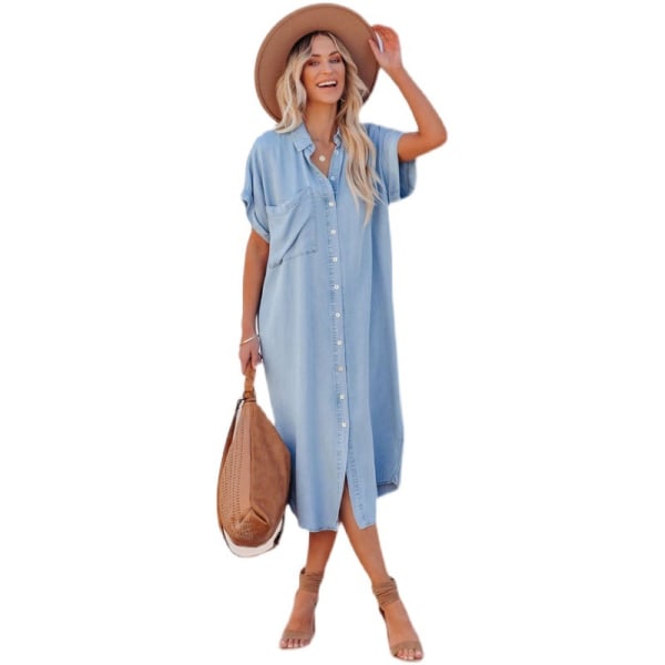 Summer 2024 new fashion solid color denim short-sleeved dress mid-length slit shirtdress