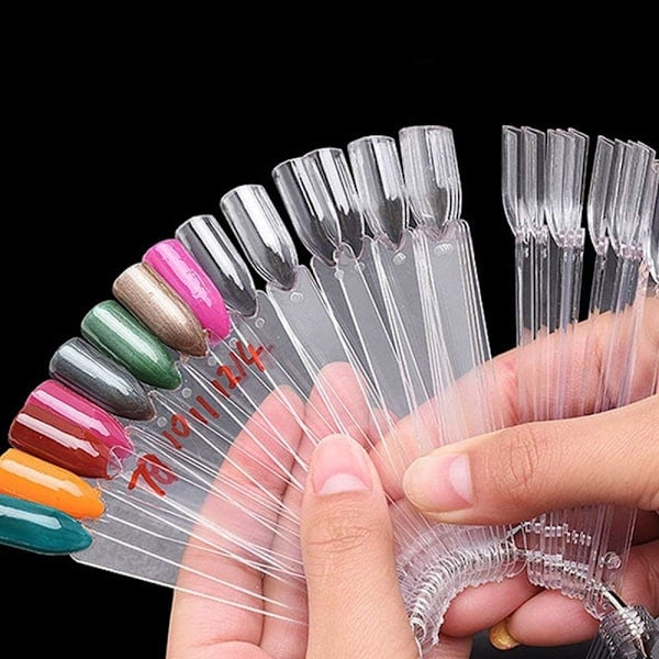 Neglelakk display klistremerker, neglelakk display klistremerker for salong, manikyrøvelse, vifteform, med metallring, 50 ark per pakke, naturlig farge Transparent
