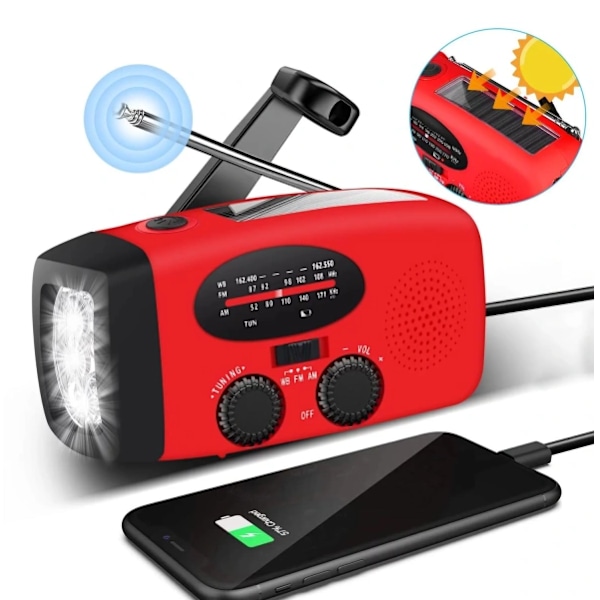 Svart/Röd Vevradio med Solcell, Ficklampa och 2000mAh Powerbank Nödradio, Survival 200 red