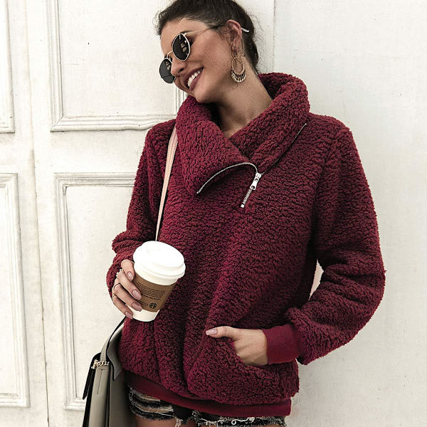 Dame Fleece Jakke, Quarter Zip Sweatshirt, Varm og Fleksibel Jakke til Vinter og Efterår Rojo M
