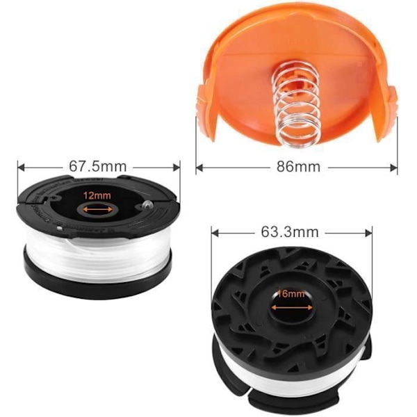Siimatrimmerin puolapaketti Black and Decker -siimatrimmereihin, 12 siimatrimmerin puolapakettia + 3 puolan kantta + 3 jousta