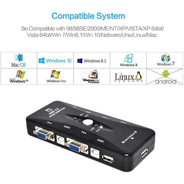 Splitter, 4 Ports USB 2.0 Switch Switch Box Adapter og USB Kabel