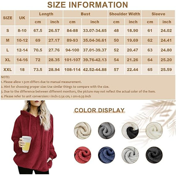 Dame Sweatshirt Fuzzy Casual Løs Fløjl Trøje Langærmet Teddy Fleece Hoodies med Lommer Hoodie Snørebånd Pullover Jumpers Yderbeklædning Frakke