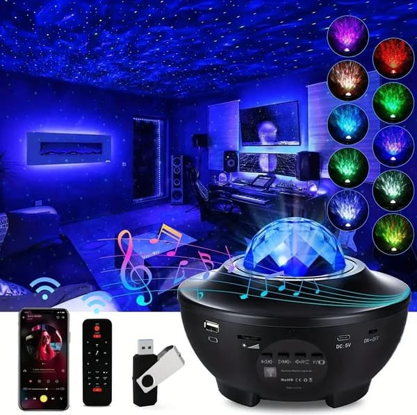Galaxy nattlys / romlampe stjerneprojektor med Bluetooth høyttaler svart