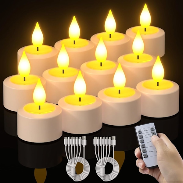 12 st Laddningsbara Flammlösa LED-lampor med Fjärrkontroll och Timer för Heminredning
