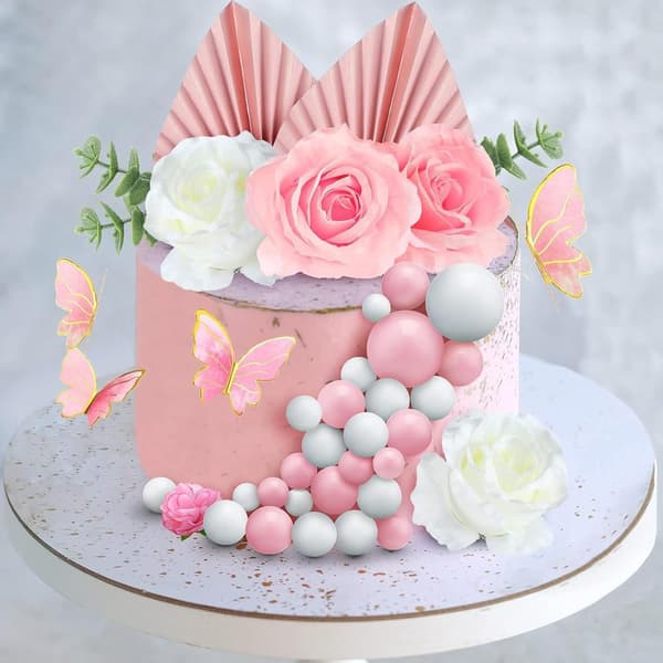 Kakepynt Svart Gull Bursdagskakepynt med Kunstige Palmblader og Kuler Baking Dessert Dekorasjon Tilbehør (Rosa)