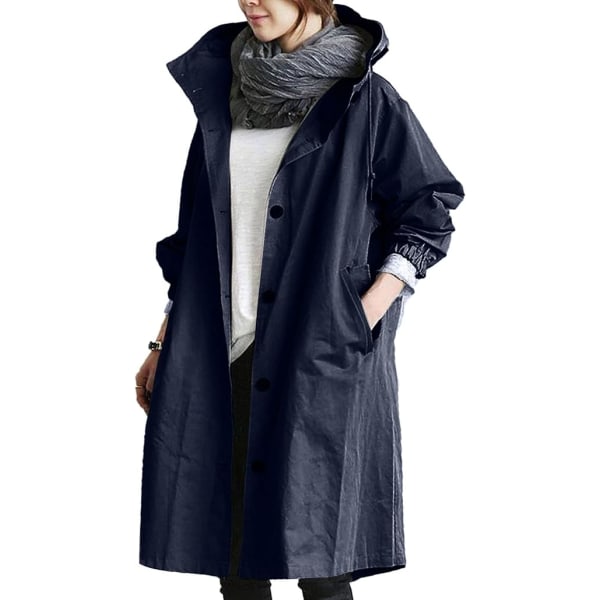 Tummansininen naisten tyylikäs trenssi Syksy/talvi pitkähihainen hupullinen takki /L Navy blue L