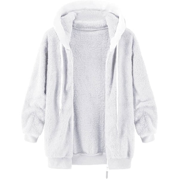 Hættejakke Dame Teddy Fleece Frakke Overgangsjakke med Hætte med Lommer Lynlås Efterår Vinter Plys Jakke Fleece Jakke Vinter 4XL D White