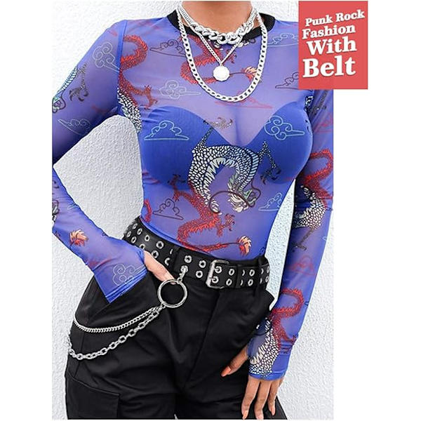 Kaksinkertainen niittireikäinen nahkavyö irrotettavalla ketjulla naisille ja miehille, punk musta vyö kaksinkertaisilla niiteillä farkuille A. Black With Hoop Chain