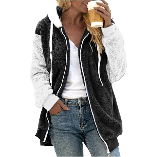 Hættejakke Dame Teddy Fleece Frakke Overgangsjakke med Hætte med Lommer Lynlås Efterår Vinter Plys Jakke Fleece Jakke Vinter M E Black