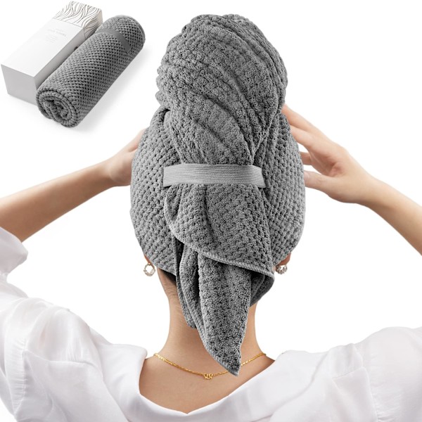 2 store mikrofiberhårhåndklæder til kvinder blødt tørrende håndklæde med elastisk bånd hår turbaner 2