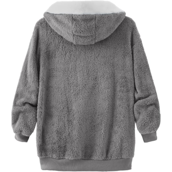 Hættejakke Dame Teddy Fleece Frakke Overgangsjakke med Hætte med Lommer Lynlås Efterår Vinter Plys Jakke Fleece Jakke Vinter M B Grey