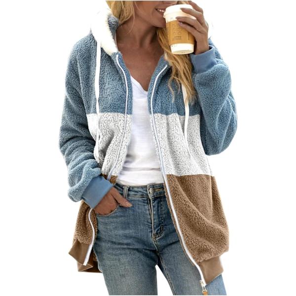 Hupullinen takki naisten teddy-fleece-takki siirtymätakki hupulla taskuilla vetoketju syksy talvi plyysi takki fleece-takki talvi XXL F Khaki
