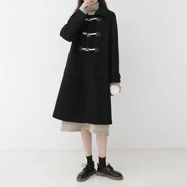 Lang svart trenchcoat Horn spenne tweed coat /M black M