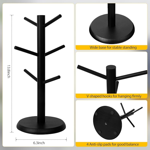 Paksupohjainen puinen kahvikupin teline, keittiöjalusta, säilytyslaatikko 6 koukulla Negro