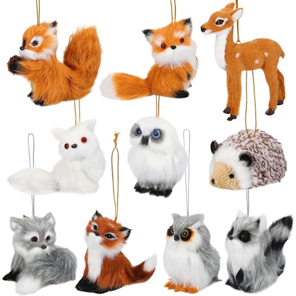 10 stycken Woodland Animal Julgransprydnader Faux Fur Plysch Djur Hängande Prydnader för Julgran Nyckelring